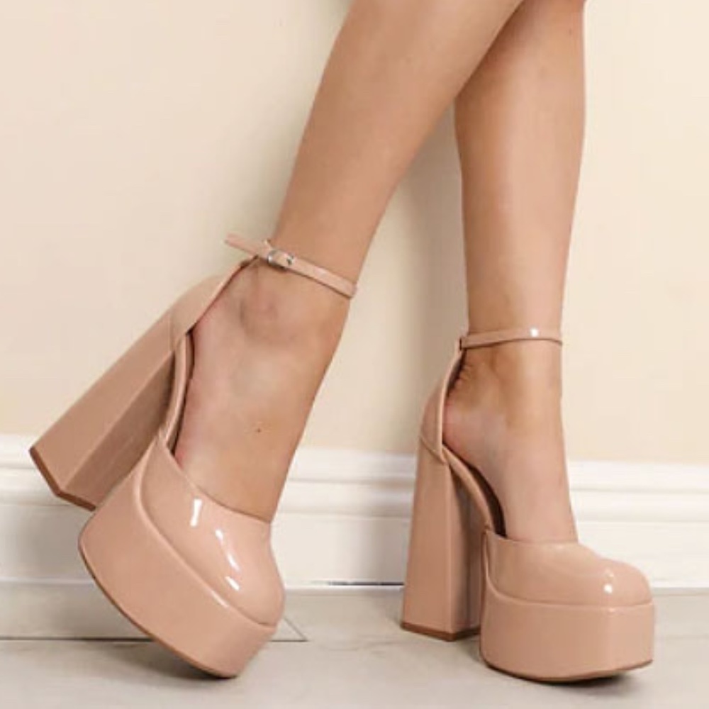 New Nude Mary Jane Platform Chunky Heel Pumps